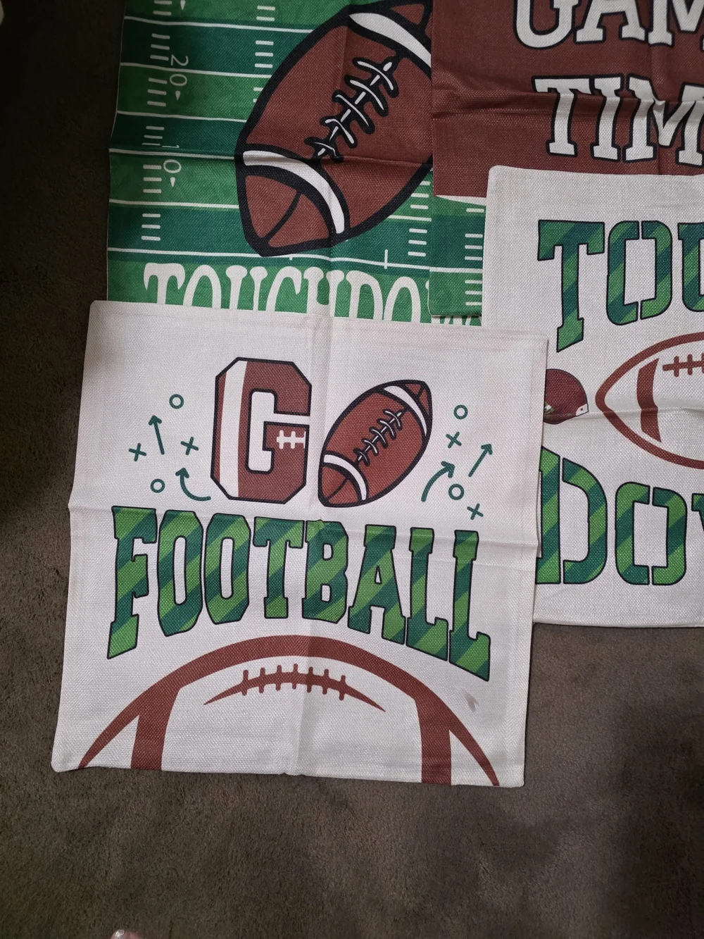 Football Theme Accent Pillow Covers - Green, Brown, White 18x18
